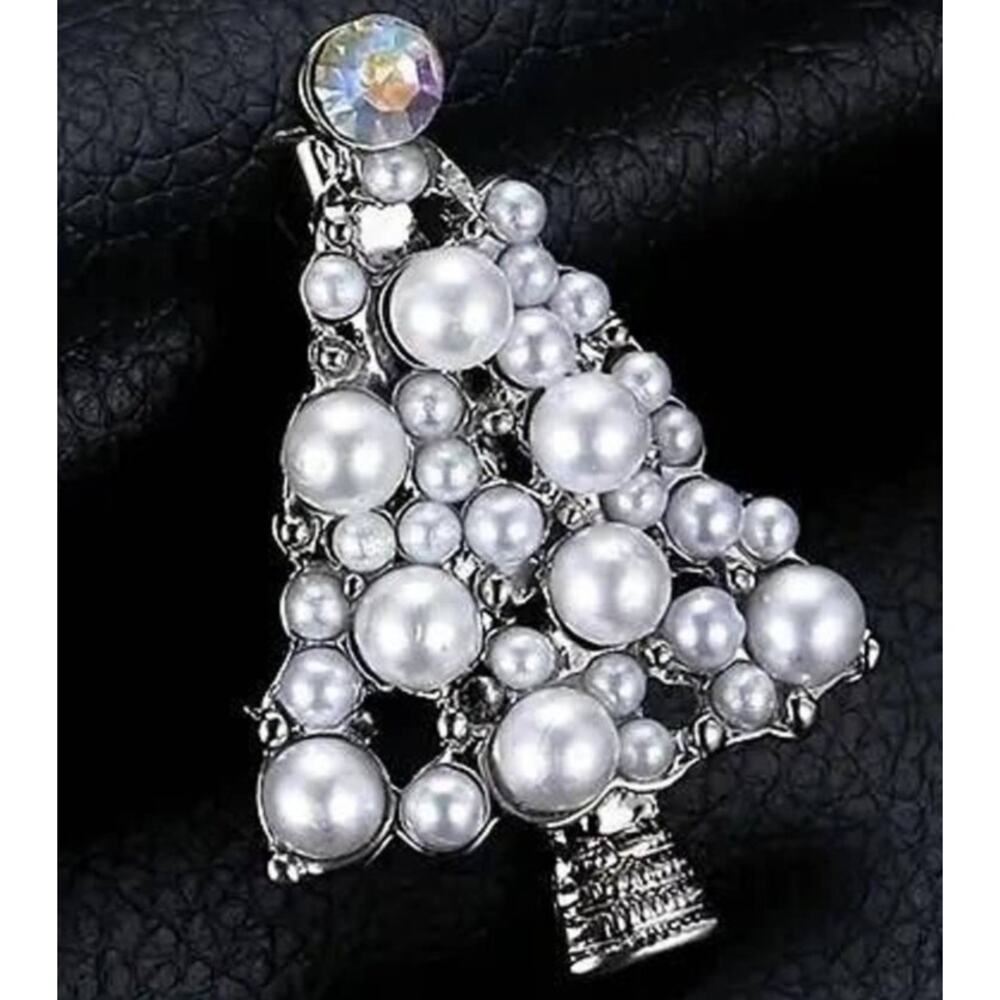 Faux Pearl Christmas Tree Brooch Aurora Borealis Rhinestone Topper Silver Tone